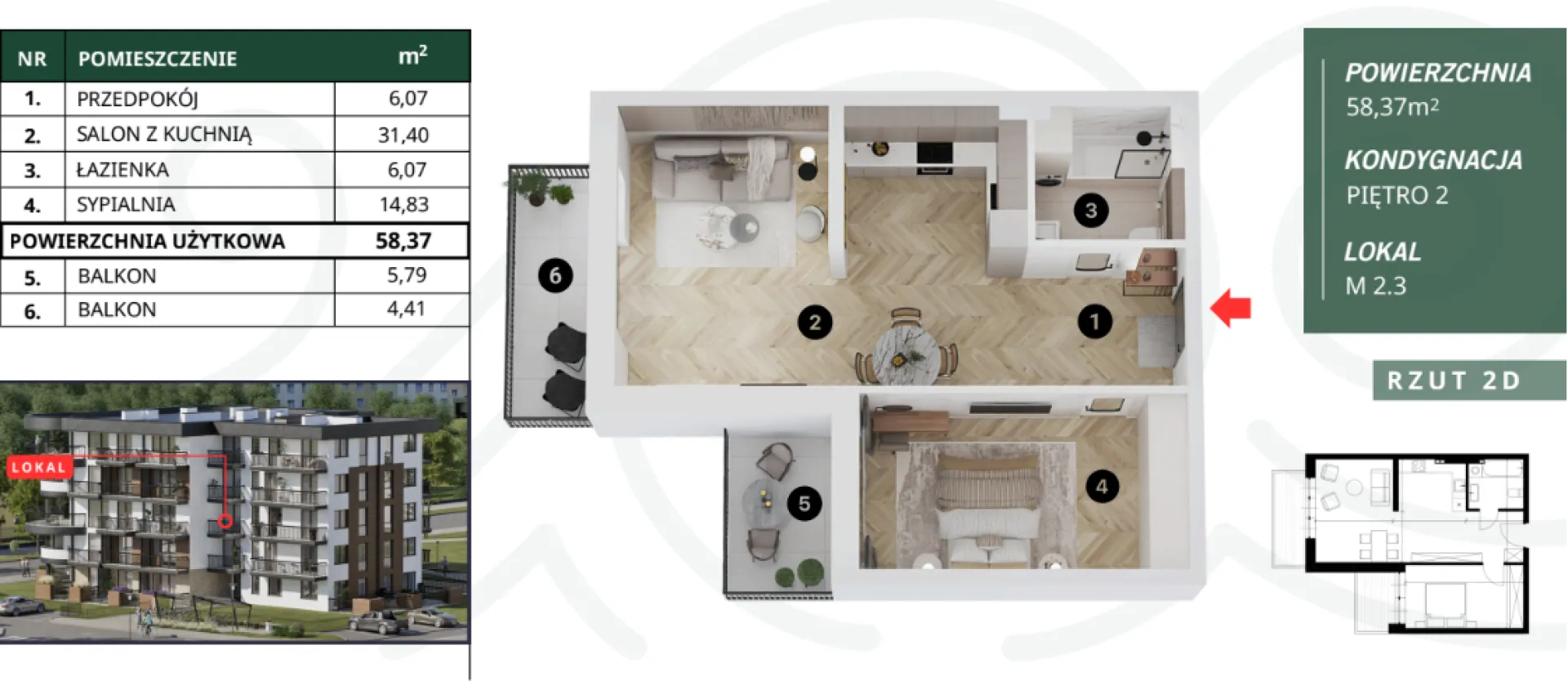 Nowy apartament z dwoma balkonami 58,37 m²