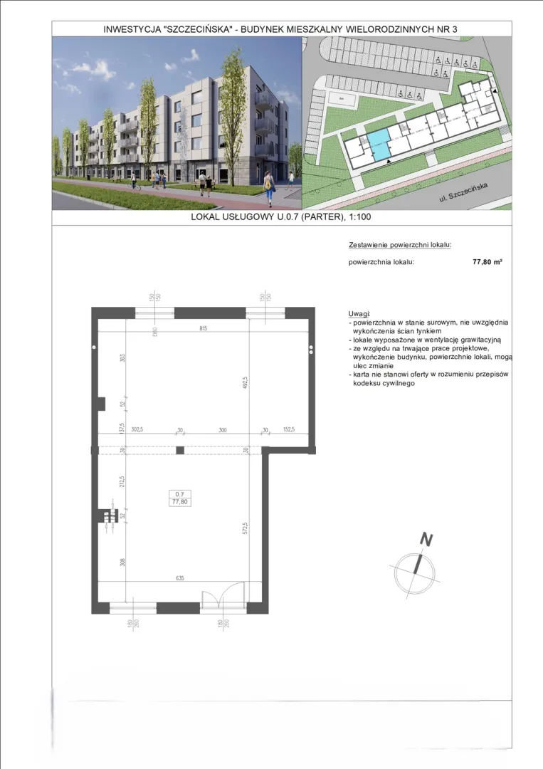 Lokal usługowy 77,80 m² + 2 miejsca postojowe , ul. Szczecińska  
